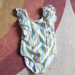 Little Me White and Yellow One Piece Swimsuit with Ruffles